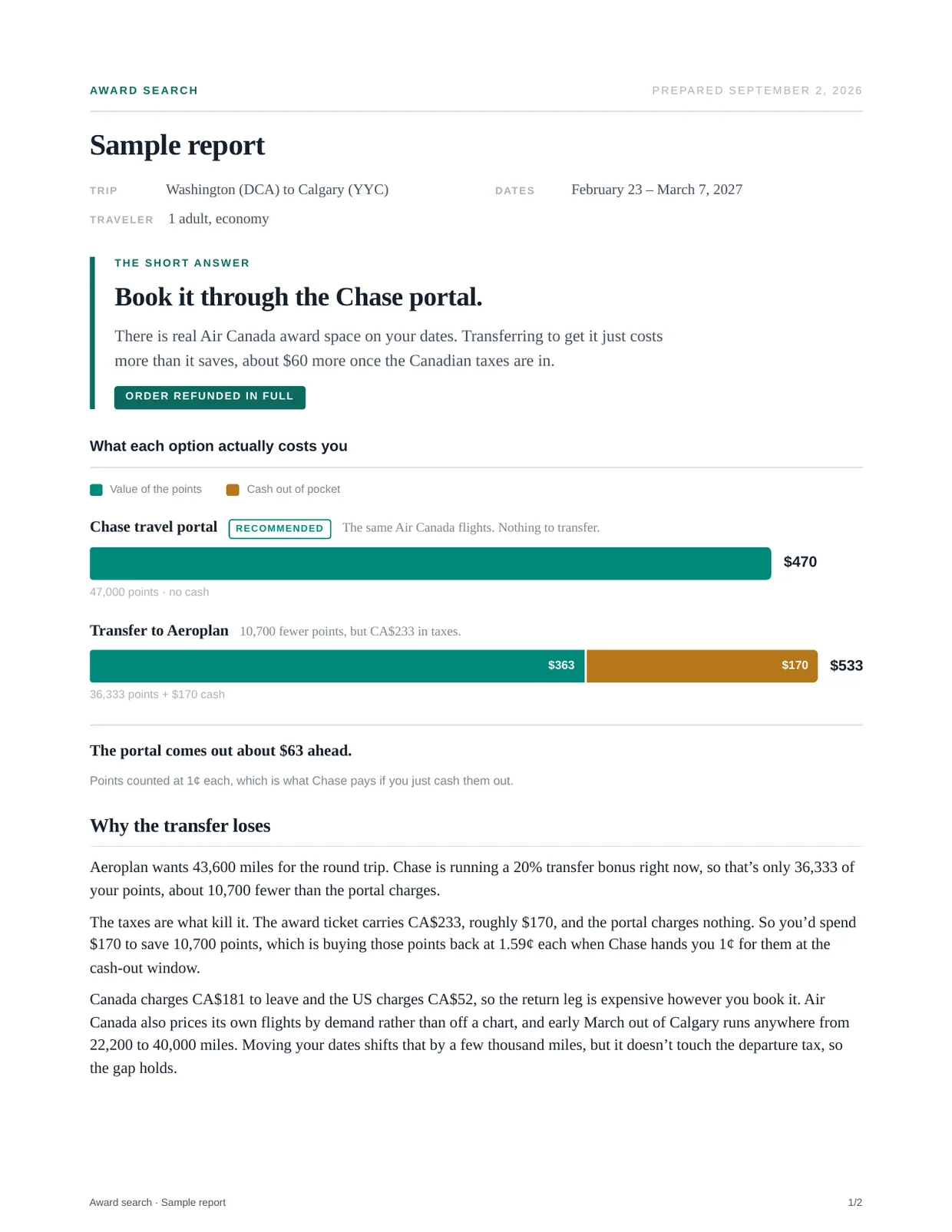 Sample report, page one: the recommendation, a cost comparison chart, three headline numbers and the flights found