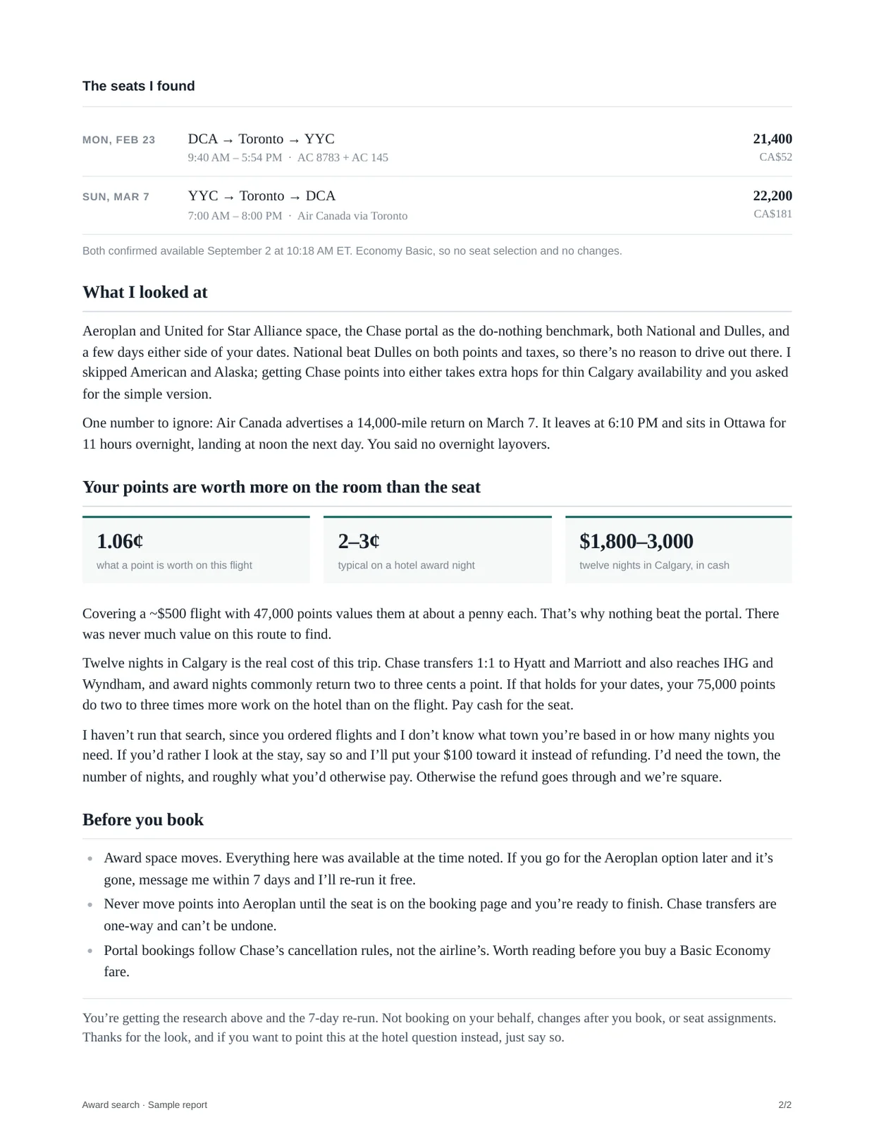 Sample report, page two: why the transfer loses, what was searched, and what to check before booking